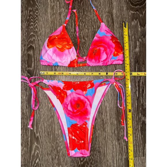 New Medium Red Pink Adjustable Bikini Swimsuit Set Retro Triangle Padded Halter - Picture 7 of 7
